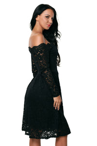 Sexy Black Long Sleeve Floral Lace Boat Neck Cocktail Swing Dress