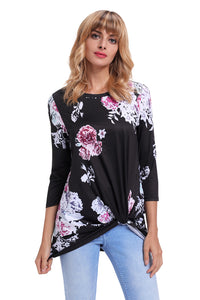 Sexy Black Long Sleeve Knotted Floral Print Blouse