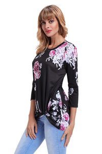 Sexy Black Long Sleeve Knotted Floral Print Blouse