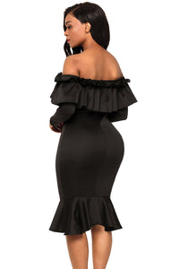 Sexy Black Long Sleeve Ruffle Off Shoulder Dress