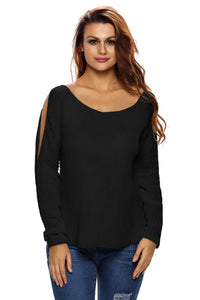 Sexy Black Long Sleeve Slit Arm and Side Ribbed Knit Top