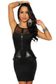 Sexy Black Mesh Faux Leather Accent Peplum Dress