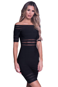 Sexy Black Mesh Stripes Insert Off Shoulder Bandage Dress