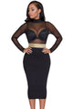 Sexy Black Mesh Top Waist Decor Bodycon Midi Dress