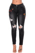 Sexy Black Mid Rise Distressed Rose Embroidery Jeans