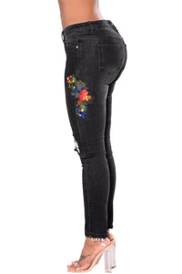 Sexy Black Mid Rise Distressed Rose Embroidery Jeans