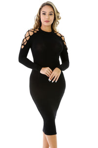 Sexy Black Netty Cold Should Rib Knit Midi Dress