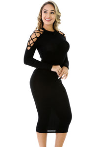 Sexy Black Netty Cold Should Rib Knit Midi Dress