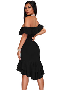 Sexy Black Off Shoulder Hi-Lo Hem Ruffle Party Dress