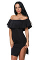 Sexy Black Off Shoulder Ruffle Top Slit Side Dress