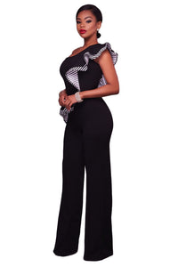 Sexy Black One Shoulder Falbala Design Jumpsuits