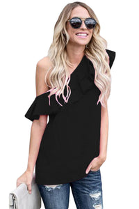 Sexy Black One Sided Ruffle Top