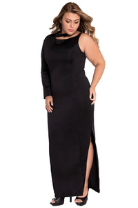 Sexy Black One Sleeve High Slit Plus Maxi Dress