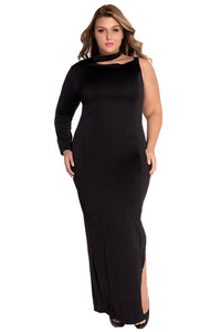 Sexy Black One Sleeve High Slit Plus Maxi Dress