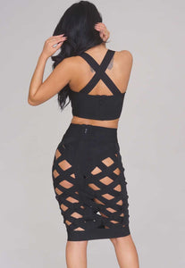 Sexy Black Open Caged Bandage Skirt Set