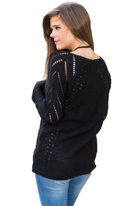 Sexy Black Open Knit Sleeve Cutout V Neck Sweater