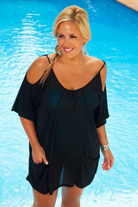 Sexy Black Open Shoulder Plus Size Tunic Beach Cover up