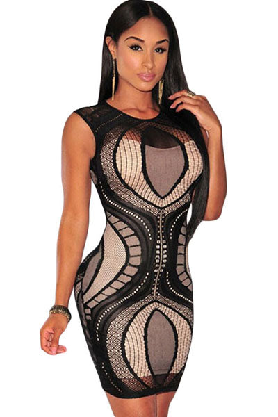 Sexy Black Optical Lace Nude Illusion Sleeveless Bodycon Dress  SEXY  AFFORDABLE CLOTHING