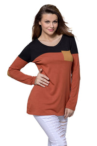 Sexy Black Orange Color Block Patch Insert Long Sleeve Blouse Top