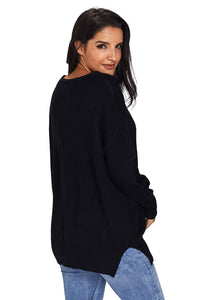 Sexy Black Oversized Long Sleeve Knitted V-Neck Sweater