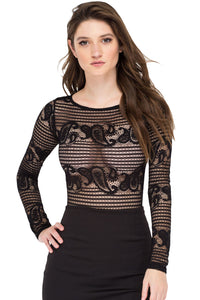Sexy Black Paisley Sheer Lace Bodysuit