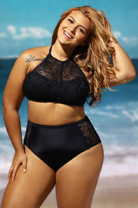 Sexy Black Patterned Mesh Insert Plus Size Swimwear