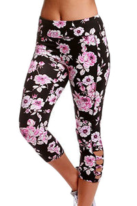 Sexy Black Pink Floral Print Crisscross Detail Leggings