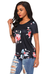 Sexy Black Pink Floral Scalloped Top