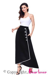 Sexy Black Piped Button Embellished High Waist Maxi Skirt