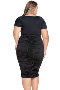 Sexy Black Pleated Curvaceous Midi Dress