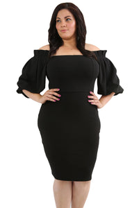 Sexy Black Pleated Shoulder Plus Bodycon Dress
