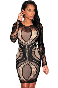 Sexy Black Plus Lace Nude Illusion Long Sleeves Bodycon Dress