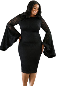 Sexy Black Plus Size Bell Sleeves Lace Dress