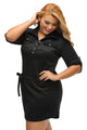 Sexy Black Plus Size Belted Textured Shirt Dress