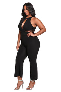 Sexy Black Plus Size Cut Out Mesh Trim Flared Jumpsuit