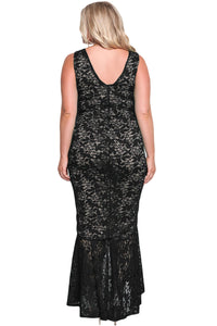 Sexy Black Plus Size Floral Lace Ruffle Mermaid Maxi Gown