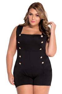 Sexy Black Plus Size Gold Buttons Romper