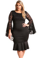 Sexy Black Plus Size Lace Bell Sleeve Mermaid Bodycon Dress