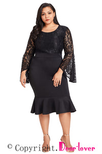 Sexy Black Plus Size Lace Bell Sleeve Mermaid Bodycon Dress