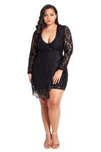 Sexy Black Plus Size Lace Faux Wrap Ruffle Dress