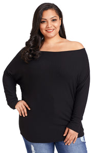 Sexy Black Plus Size Off Shoulder Ribbed Knit Top