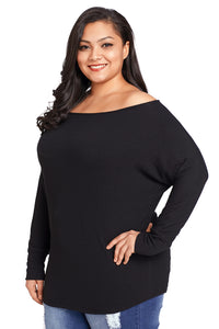 Sexy Black Plus Size Off Shoulder Ribbed Knit Top