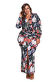 Sexy Black Plus Size Ruched Floral Plunge Maxi Dress