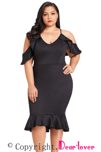 Sexy Black Plus Size Ruffle Cold Shoulder Flounced Dress