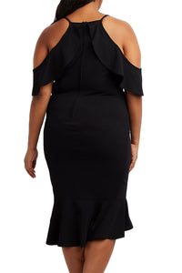 Sexy Black Plus Size Ruffle Cold Shoulder Flounced Dress
