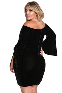 Sexy Black Plus Size Velvet Off Shoulder Bell Sleeve Dress