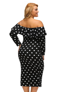 Sexy Black Polka Dot Ruffle Off-shoulder Neckline Long Sleeves Dress