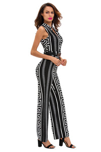 Sexy Black Print Gold Belted Jumpsuit