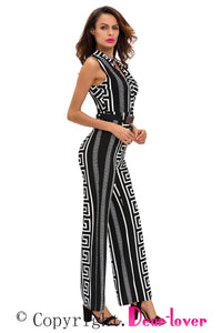 Sexy Black Print Gold Belted Jumpsuit