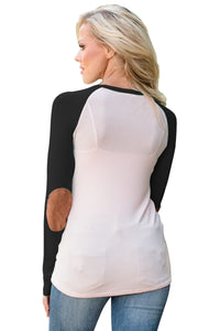 Sexy Black Raglan Sleeve Elbow Patch and Buttons Top